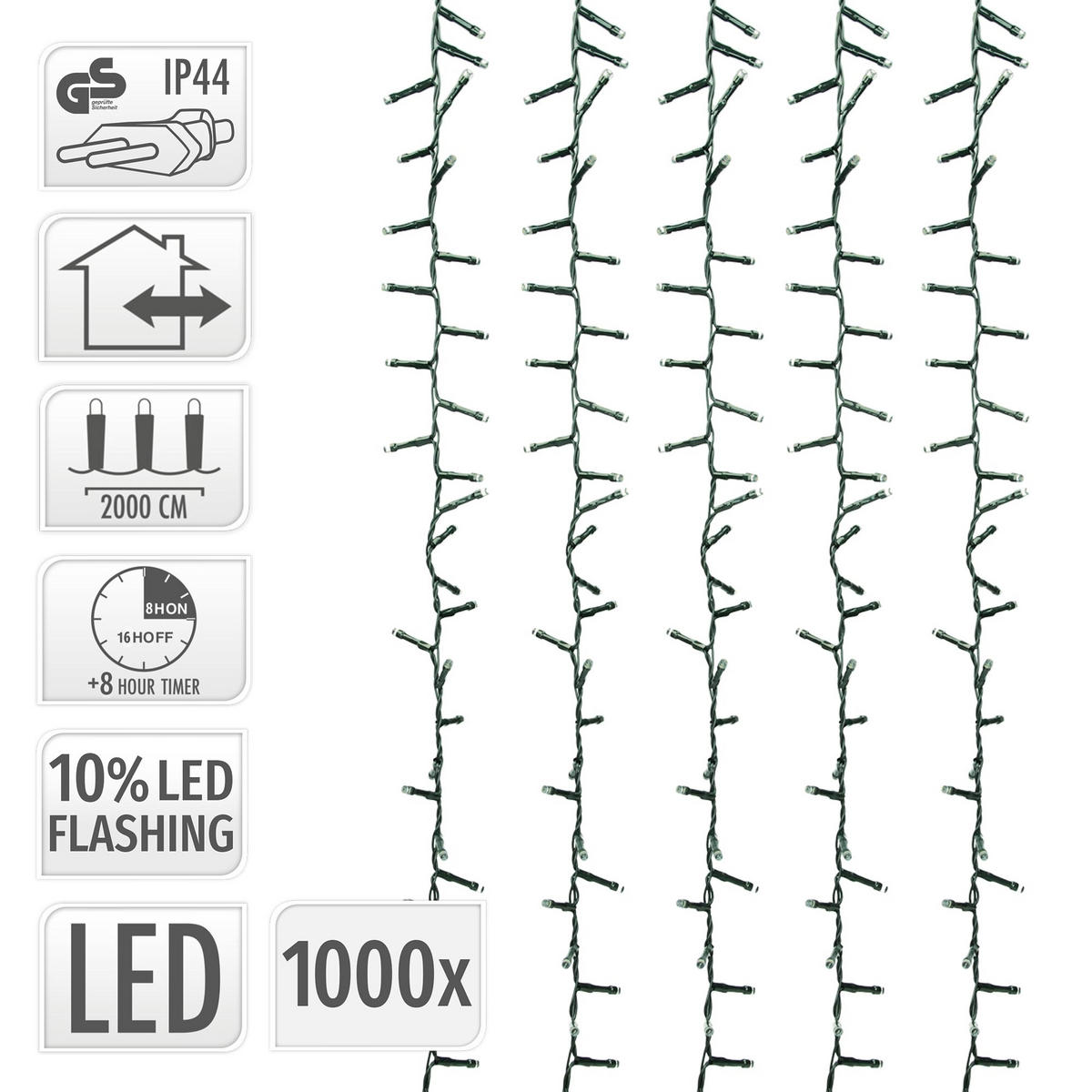 LED světelná řetězová girlanda Cluster pro venkovní i vnitřní použití, 20 m, vánoční osvětlení, 1000 LED, teplá bílá - černá, plast (2300cm) - ECD-Germany