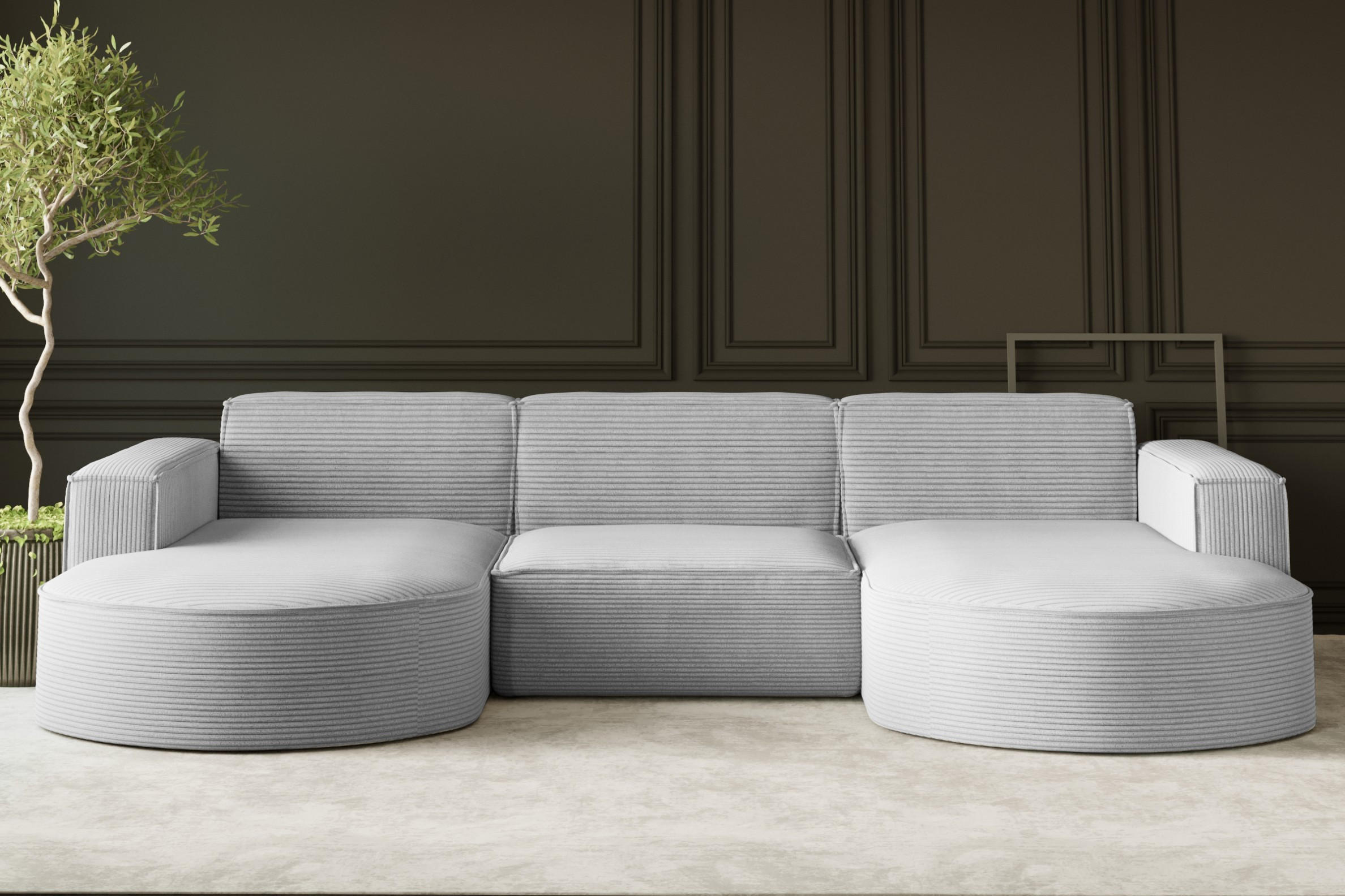 ECKSOFA Designer MODENA U STUDIO Stoff Dicker Cord Hellgrau - Hellgrau, Holz (165/299cm) - Kaiser Möbel