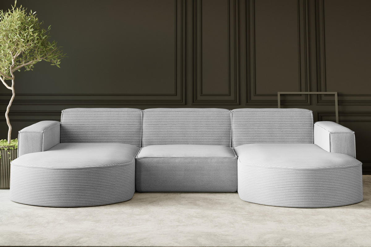 ECKSOFA Designer MODENA U STUDIO Stoff Dicker Cord Hellgrau - Hellgrau, Holz (165/299cm) - Kaiser Möbel