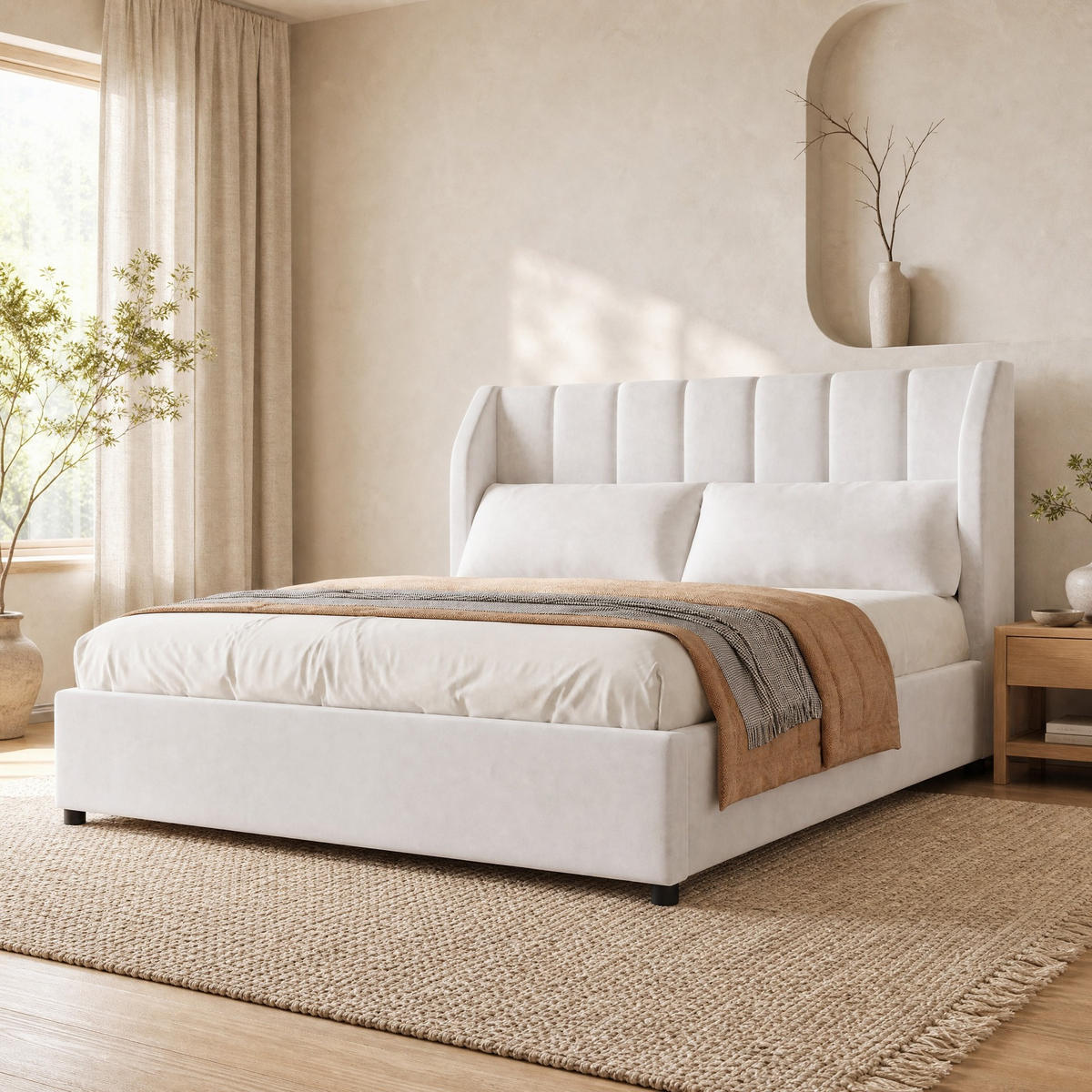 POLSTERBETT 140/200 mit gepolstertem Kopfteil und Lattenrost in Beige - Beige, Holzwerkstoff/Textil (140/200cm) - EVRYAE