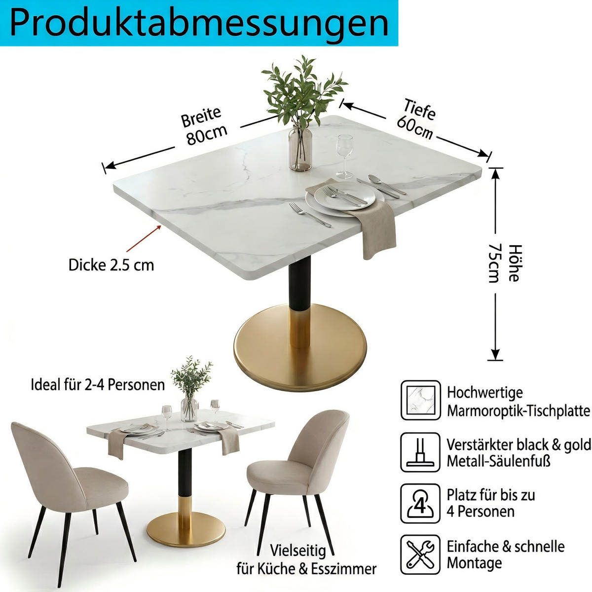 ESSTISCH in Weißer Marmor runder Küchentisch für 3-4 Personen, B80/T60/H75 cm - Goldfarben/Weiß, Holzwerkstoff/Metall (80/60/75cm) - STILVORA