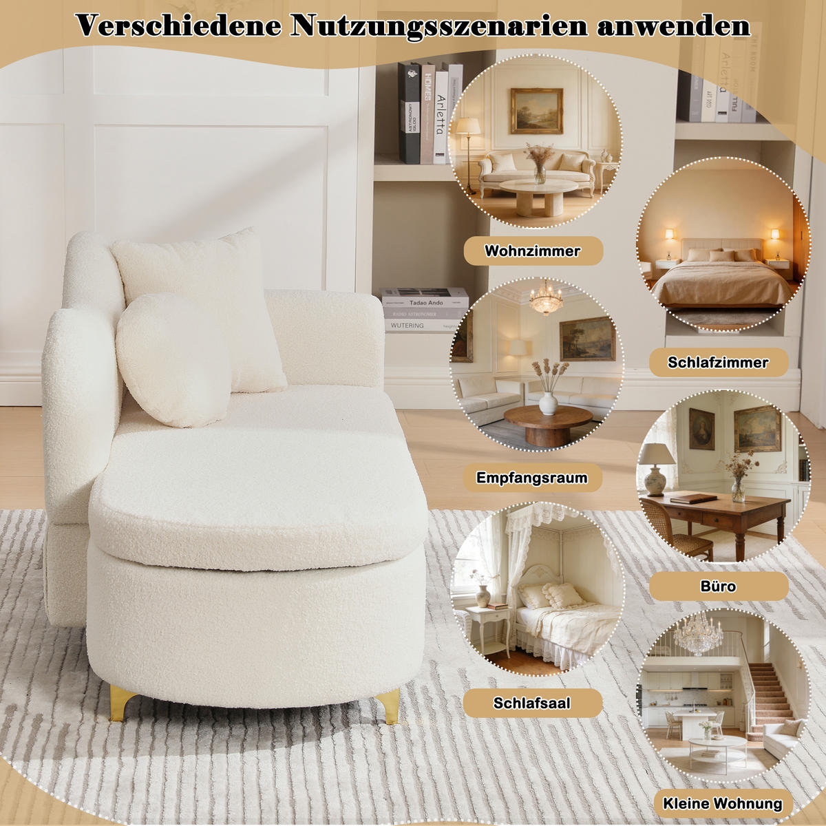 CHAISELONGUE mit Stauraum 134 cm, Teddyplüsch Stoff, modernes Design, ergonomische Rückenlehne, inkl. Lenden- & Nackenkissen - Beige, Textil (64/70/134cm) - Ej. Life