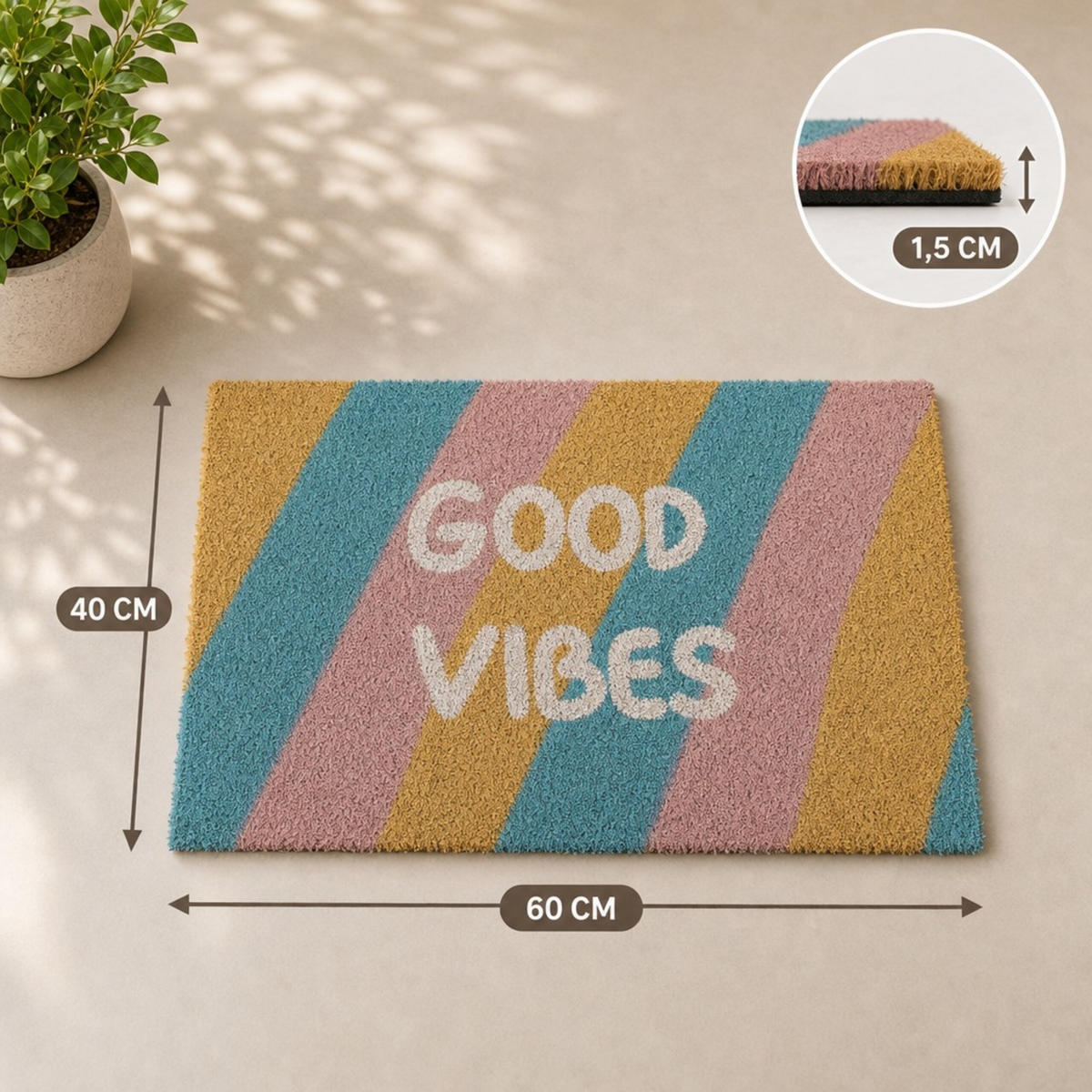 FUSSMATTE Bunt Kokos 60x40 cm Good Vibes - Multicolor, Kunststoff/Textil (60/40cm) - Relaxdays