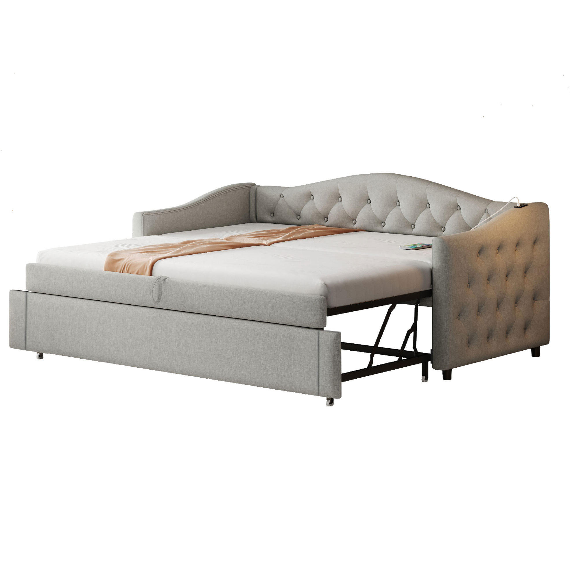 POLSTERBETT 90/200 cm Grau mit USB-Anschluss und Leinenbezug - Grau, Textil (90/200cm) - Flora Grace