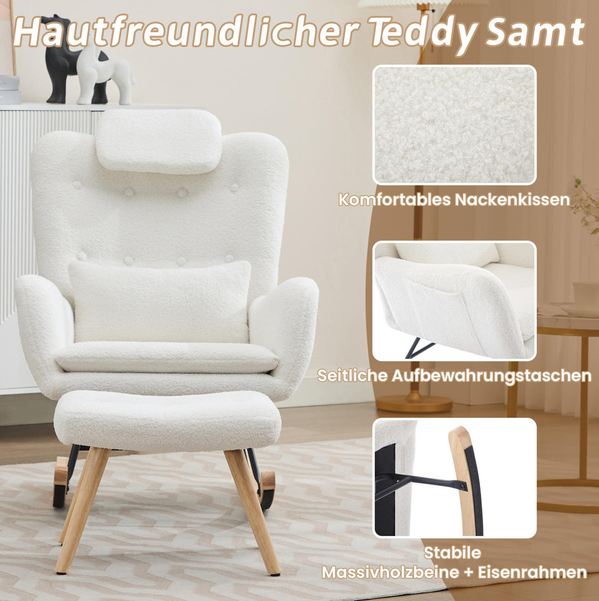 SCHAUKELSTUHL Teddy-Samt mit Hocker und Taschenablage 73/92/102 cm Weiß - Weiß, Holz/Textil (92/102/73cm) - Redom