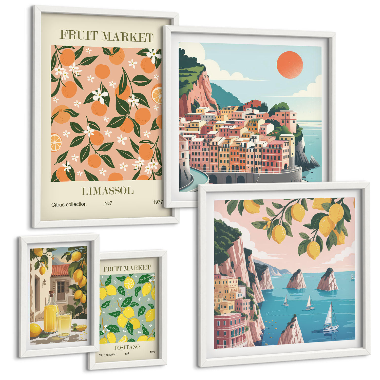 BILDER SET 5er Set - 50x50 cm & 20x30 cm & 40x60 cm Weißer Rahmen - Abstrakte ästhetische Berge - Weiß, Kunststoff (40/60cm) - TULUP