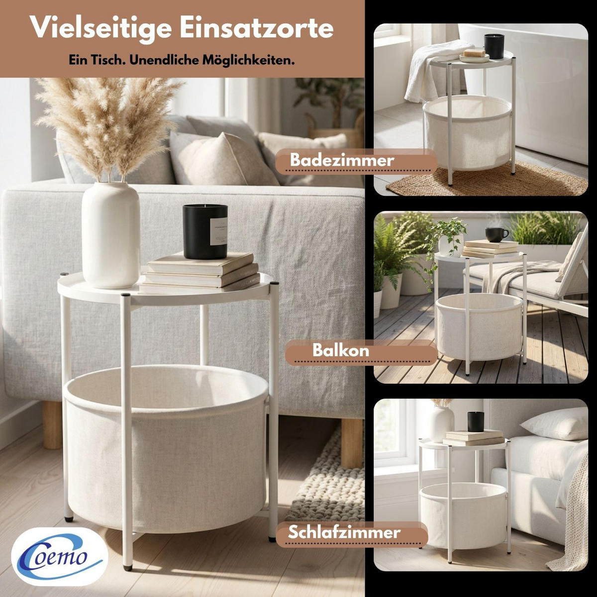 COUCHTISCH NINA rund Metall mit Aufbewahrungskorb Canvas Weiß - Weiß, Metall (45/45/48cm) - Coemo