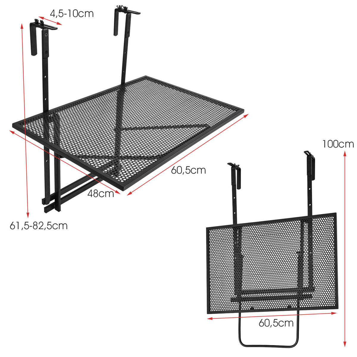 ZÁVĚSNÝ BALKONOVÝ STŮL skládací černá - černá, kov (40.5/60.5/82.5cm) - COSTWAY