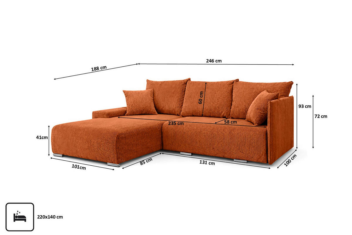 ECKSOFA L-Form Schlaffunktion Livorno Cord-Stoff Kupfer Links - Chromfarben/Schwarz, Holz/Kunststoff (246/188cm) - Kaiser Möbel