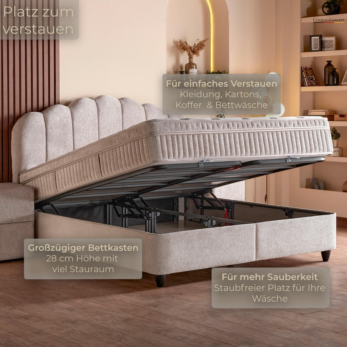 BOXSPRINGBETT MIT BETTKASTEN COMO 180/200 cm, Beige, Bettkasten, Matratze, Topper integriert, H3 mittel 7-Zonen Matratze - Beige/Schwarz, Holz/Kunststoff (180/200cm) - Consilio Concept