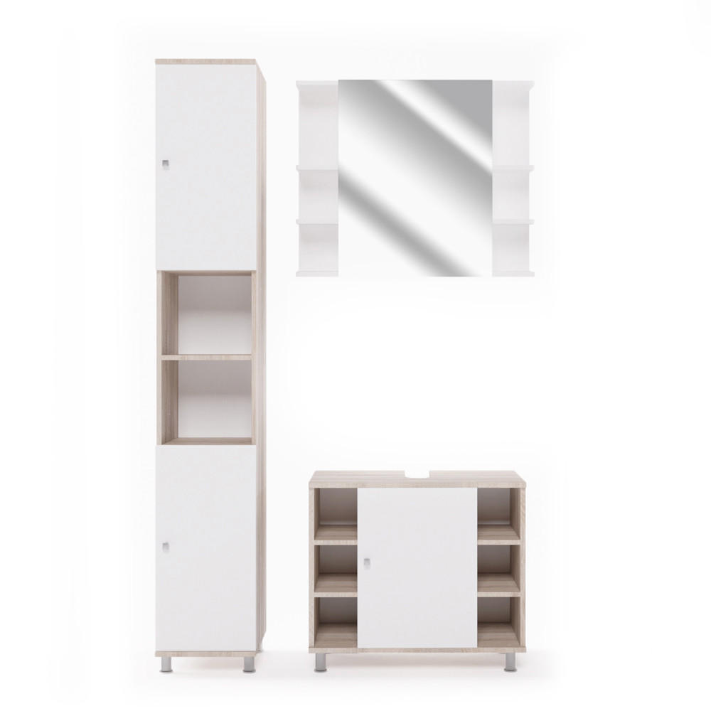 BADMÖBEL-SET Fynn Sonoma 3 Teile, mit Hochschrank - Weiß/Sonoma Eiche, Holzwerkstoff (60/54/32cm) - Vicco