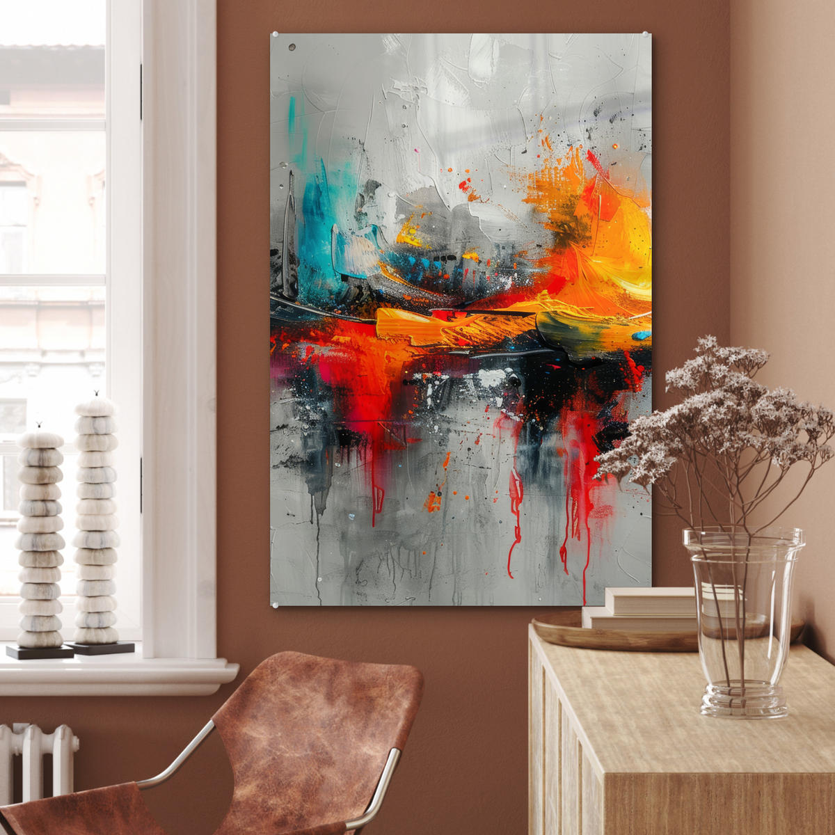 ACRYLGLASBILD Moderne Kunst - Orange - Grau - Abstrakt 60x90 cm - Hellgrau, Glas (60/90cm) - MuchoWow