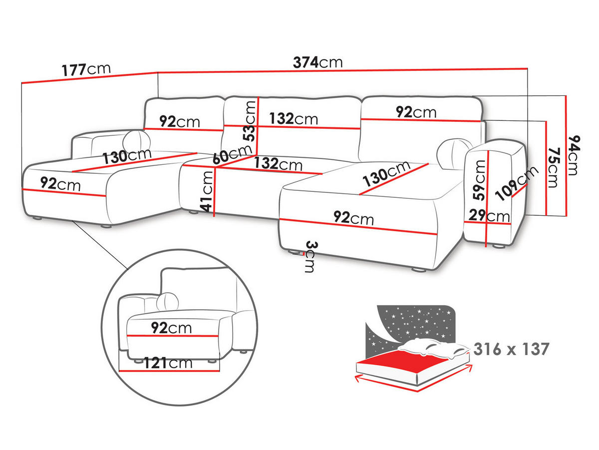 WOHNLANDSCHAFT Filo U - Schwarz/Grau, Holz/Kunststoff (374/94/177cm) - MIRJAN24