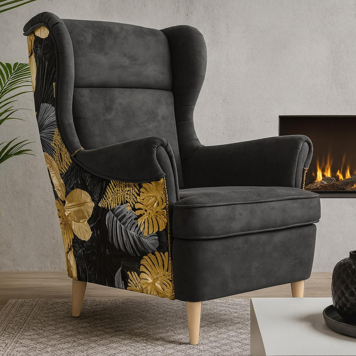 OHRENSESSEL Havana im skandinavischen Stil, Schwarz - Buchefarben/Schwarz, Holzwerkstoff (82/102/92cm) - Beautysofa