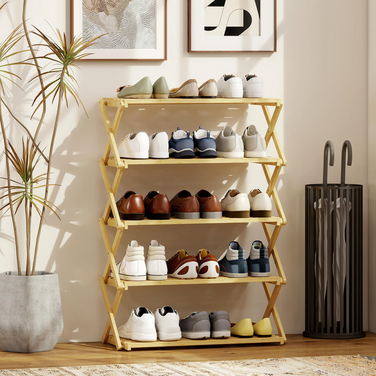 SCHUHREGAL,5-STÖCKIG klappbar Bambus 60x29x88cm,holzfarbe - Beige, Naturmaterialien (60/88/29cm) - Vallsero