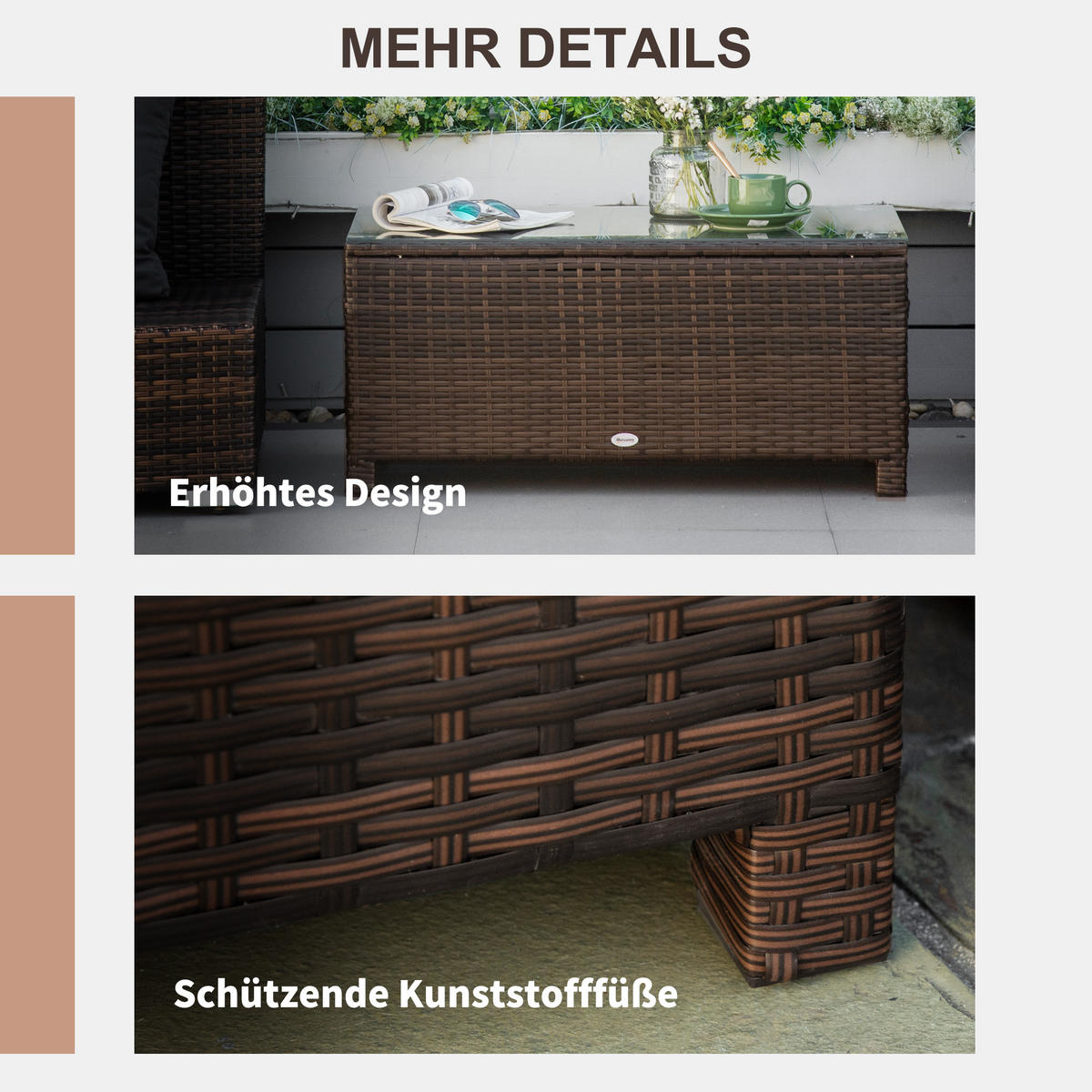 COUCHTISCH, Braun, Metall, PE-Rattan, Gehärtetes Glas - Braun, Kunststoff (85/50/39cm) - Outsunny