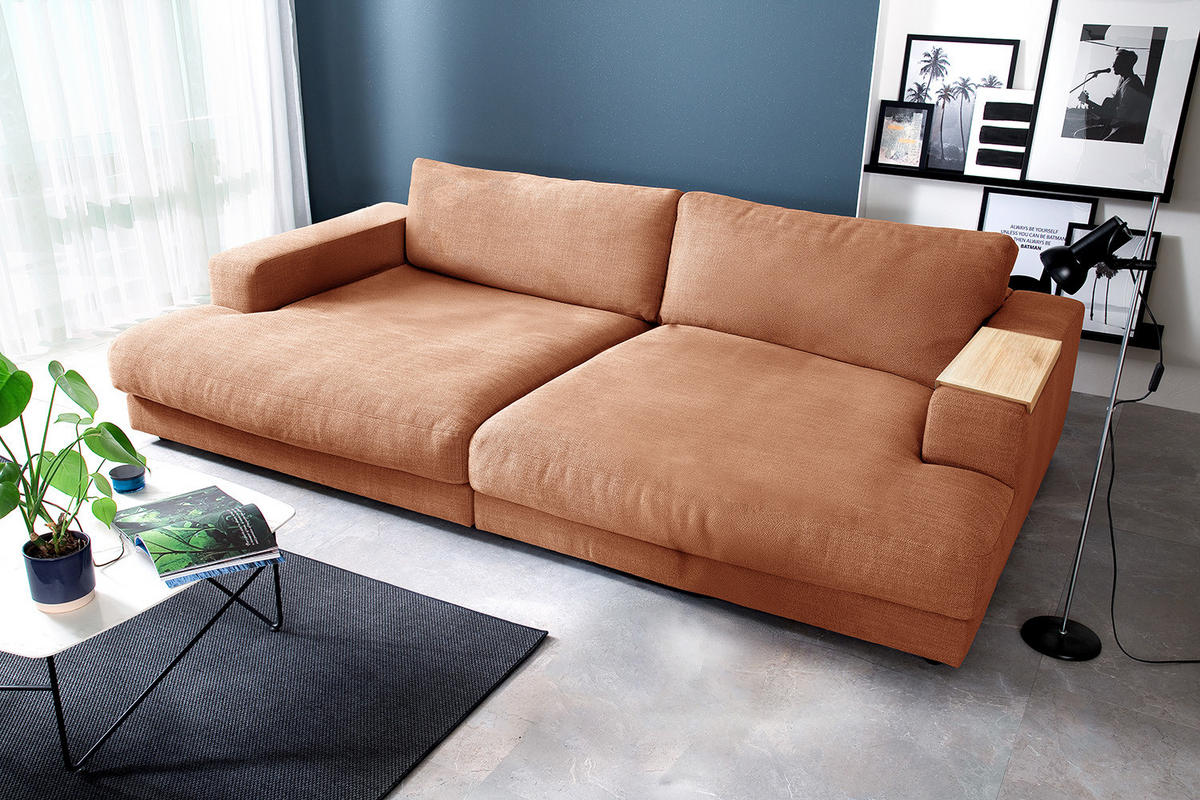 BIG SOFA MIT TABLETT MADELINE Braun Webstoff - Dunkelbraun/Schwarz, Kunststoff/Textil (290/85/170cm) - KAWOLA