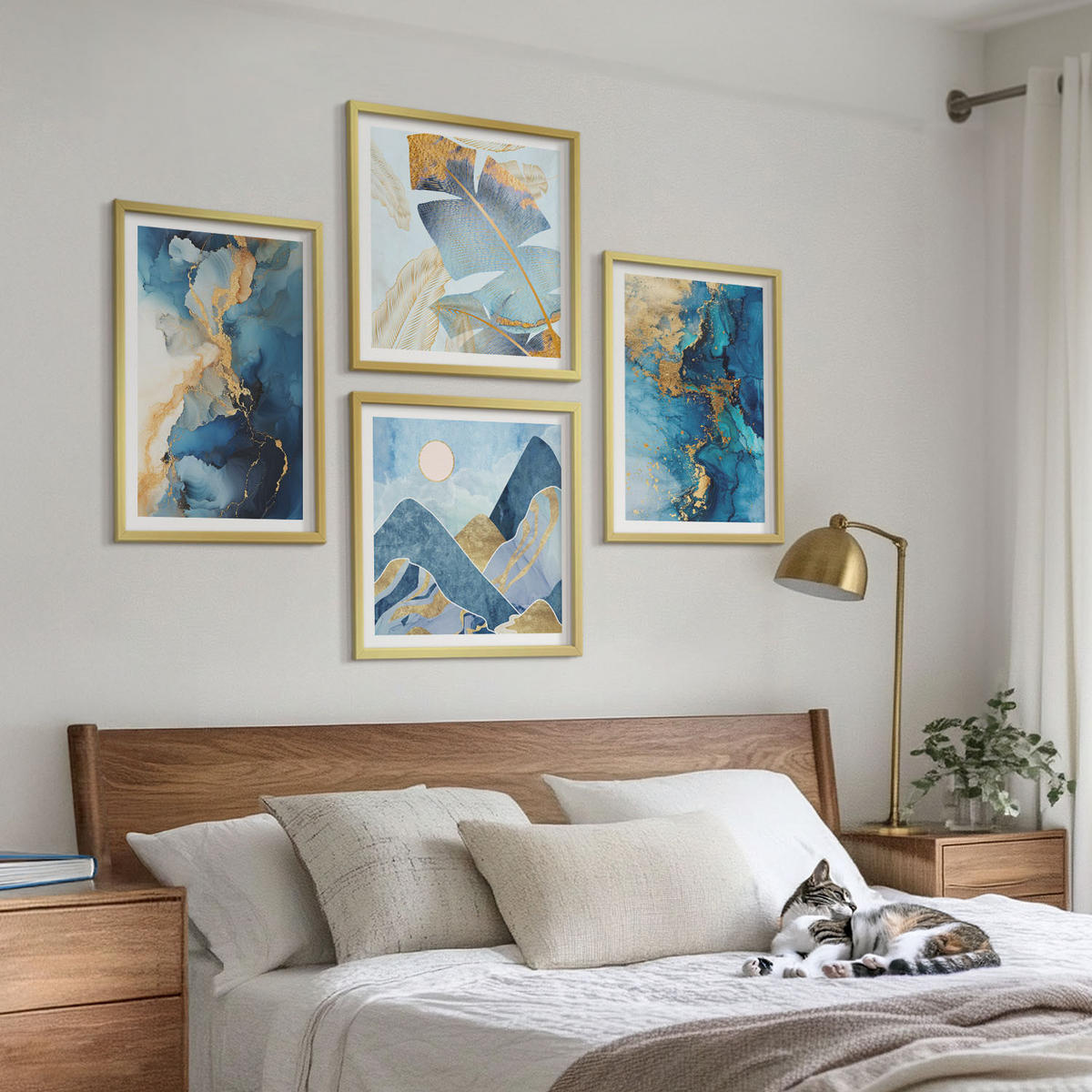 WANDBILDER 4er Set - 50x50 cm & 40x60 cm Goldrahmen - Goldmuster in den blauen Bergen - Goldfarben, Kunststoff (50/50cm) - ArtPrintCave
