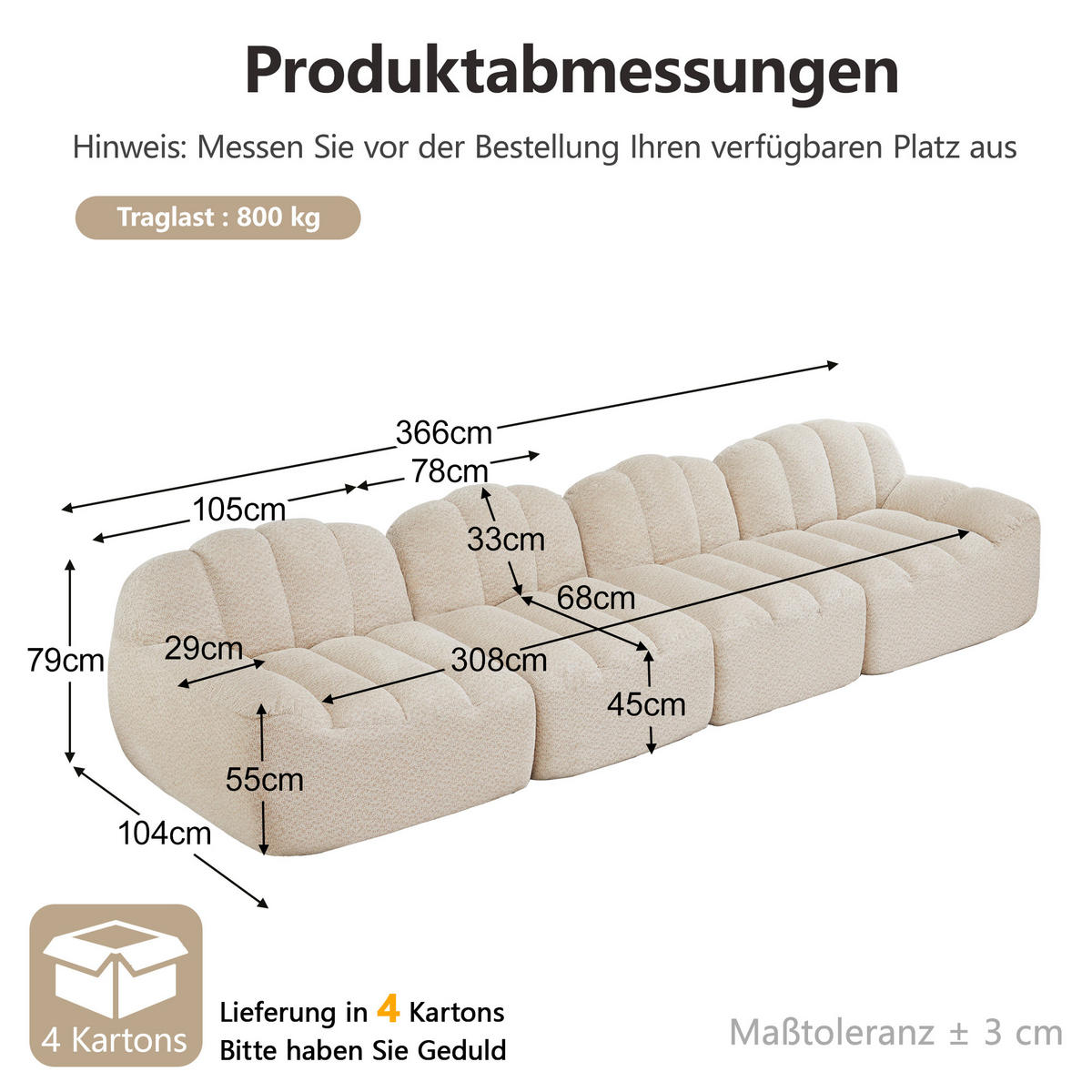 4-SITZER-SOFA DE-34312 Muschelform Beige - Beige, Textil (104/79/366cm) - ComfortXL