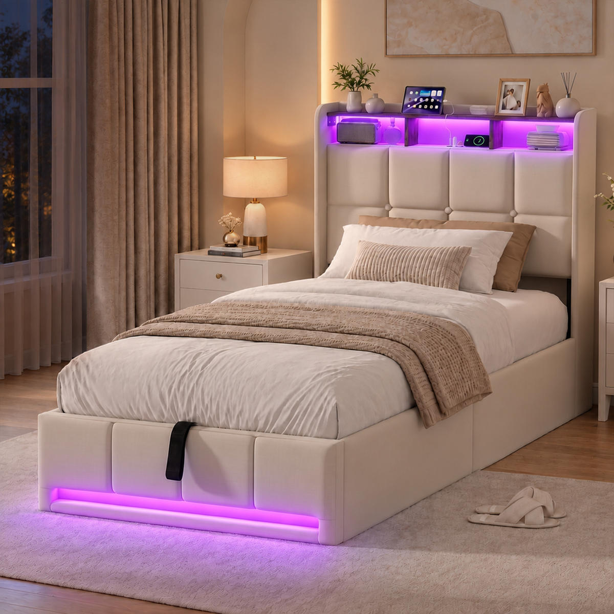 POLSTERBETT 90/200 cm，LED Bett Beige mit Stauraum & USB,Lattenrost,Leinen - Beige/Naturfarben, Holz/Textil (90/200cm) - FURNISHINGS HOME