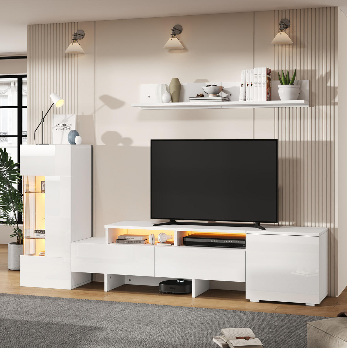 TV-WOHNWAND 3-teilig aus Spanplatte, Acryl und Glas Weiß mit LED-Beleuchtung und Stauraum - Weiß, Holzwerkstoff (170/45/35cm) - IVMEU