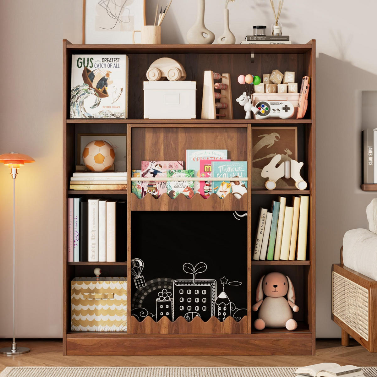 BÜCHERREGAL 120x38.5x151.5cm Nussbaum mit Tafel Schiebetüren 9 Fächer - Walnussfarben, Holz (38.5/151.5/120cm) - FLIEKS