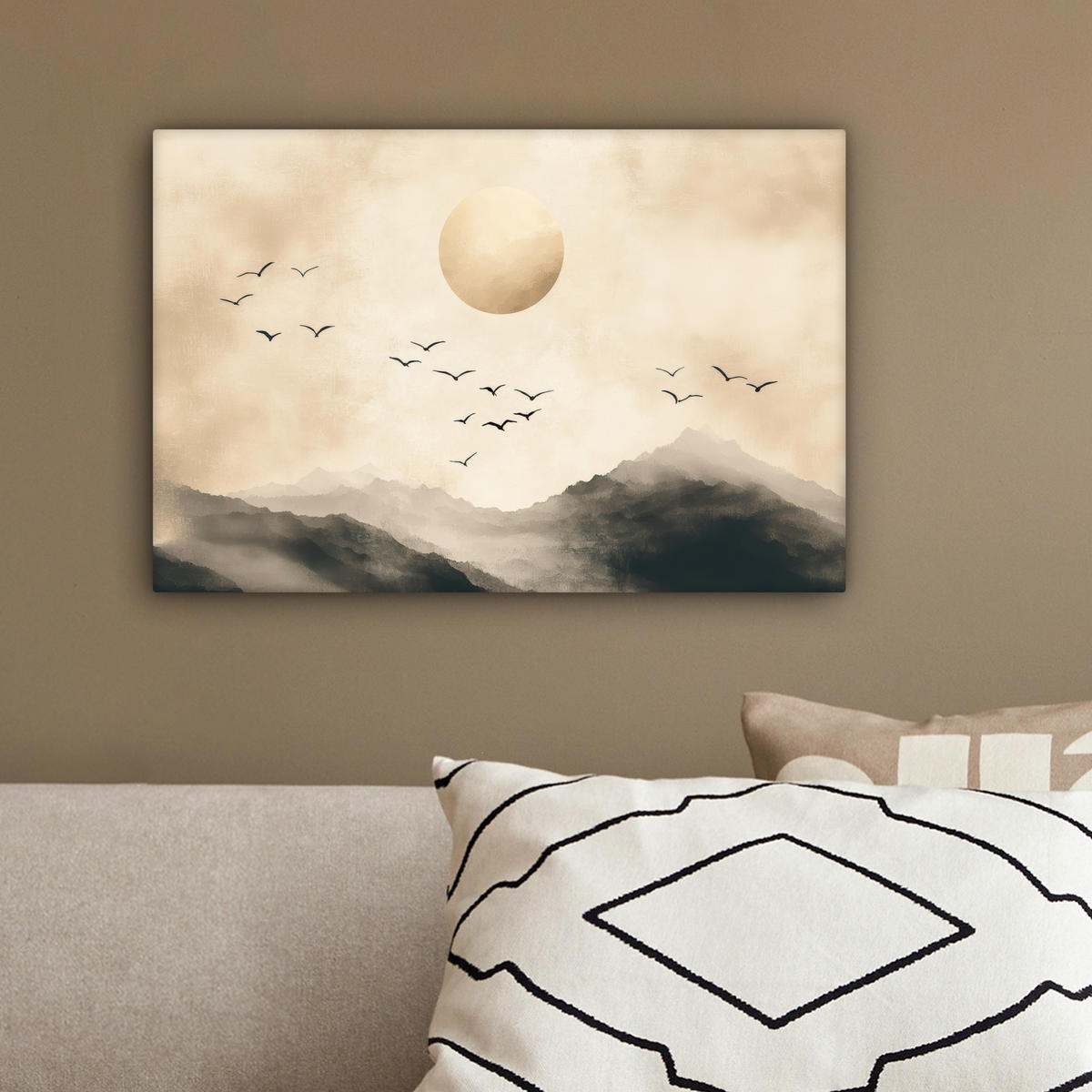 LEINWANDBILD Landschaft - Japandi - Vogel 30x20 cm - Beige, Textil (30/20cm) - MuchoWow