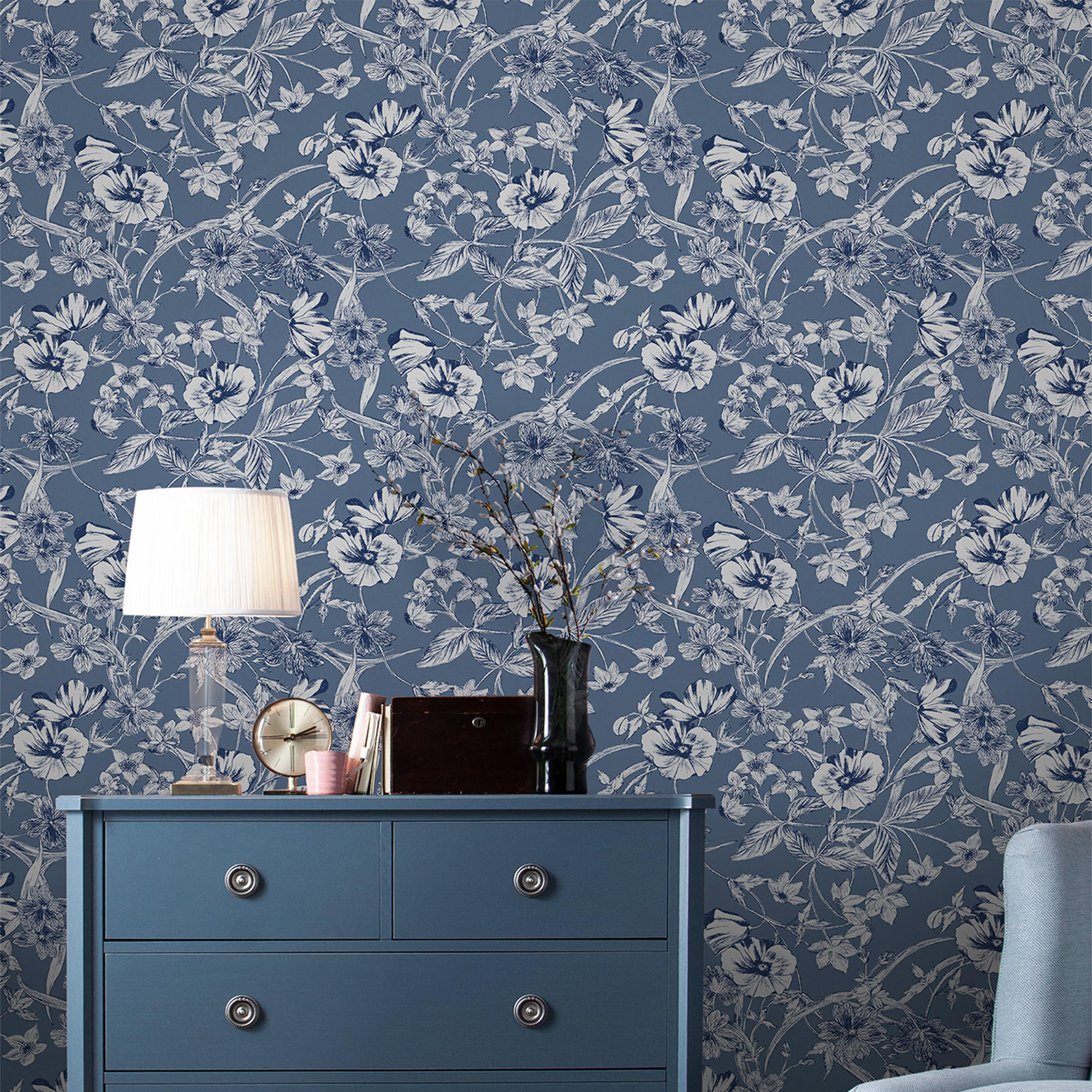 VLIESTAPETE Summerhill Mitternachtsblau | Dunkelblau | Blumen| 10mx52cm - Blau, Papier/Kunststoff (52/1000cm) - Graham & Brown