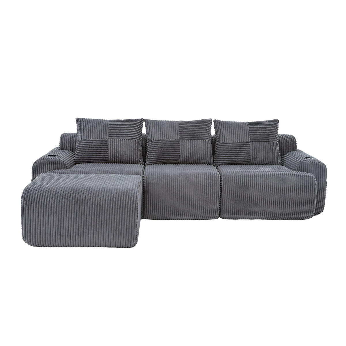 ECKSOFA 268/174/80 cm Dunkelgrau mit Fußhocker, 2 Becherhalter und Aufbewahrungstaschen - Dunkelgrau, Textil (268/174cm) - Oxeza