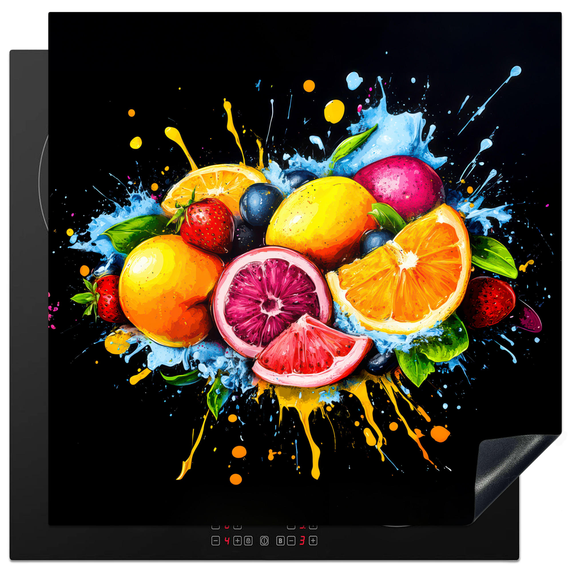 HERDABDECKPLATTE Obst - Graffiti - Bunt - Orange - Erdbeere - Abstrakt 78x78 cm - Orange, Kunststoff (78/0.2/78cm) - MuchoWow