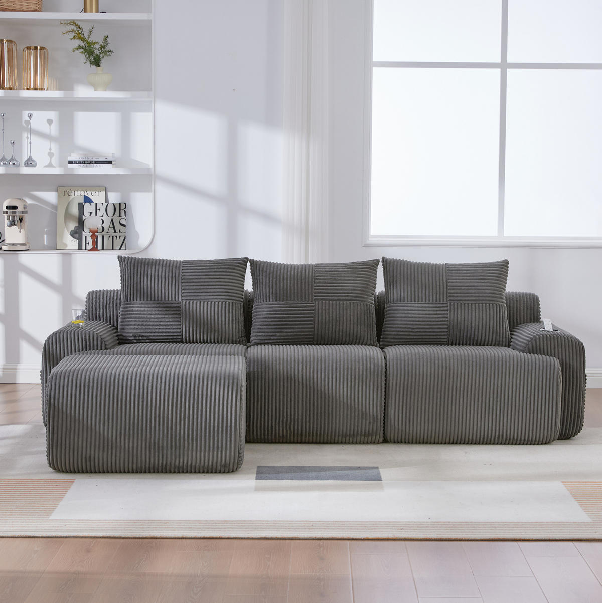 SOFA 268/174/80 cm in Dunkelgrau mit Cupholder und Tasche - Dunkelgrau, Textil (174/80/268cm) - Flora Grace