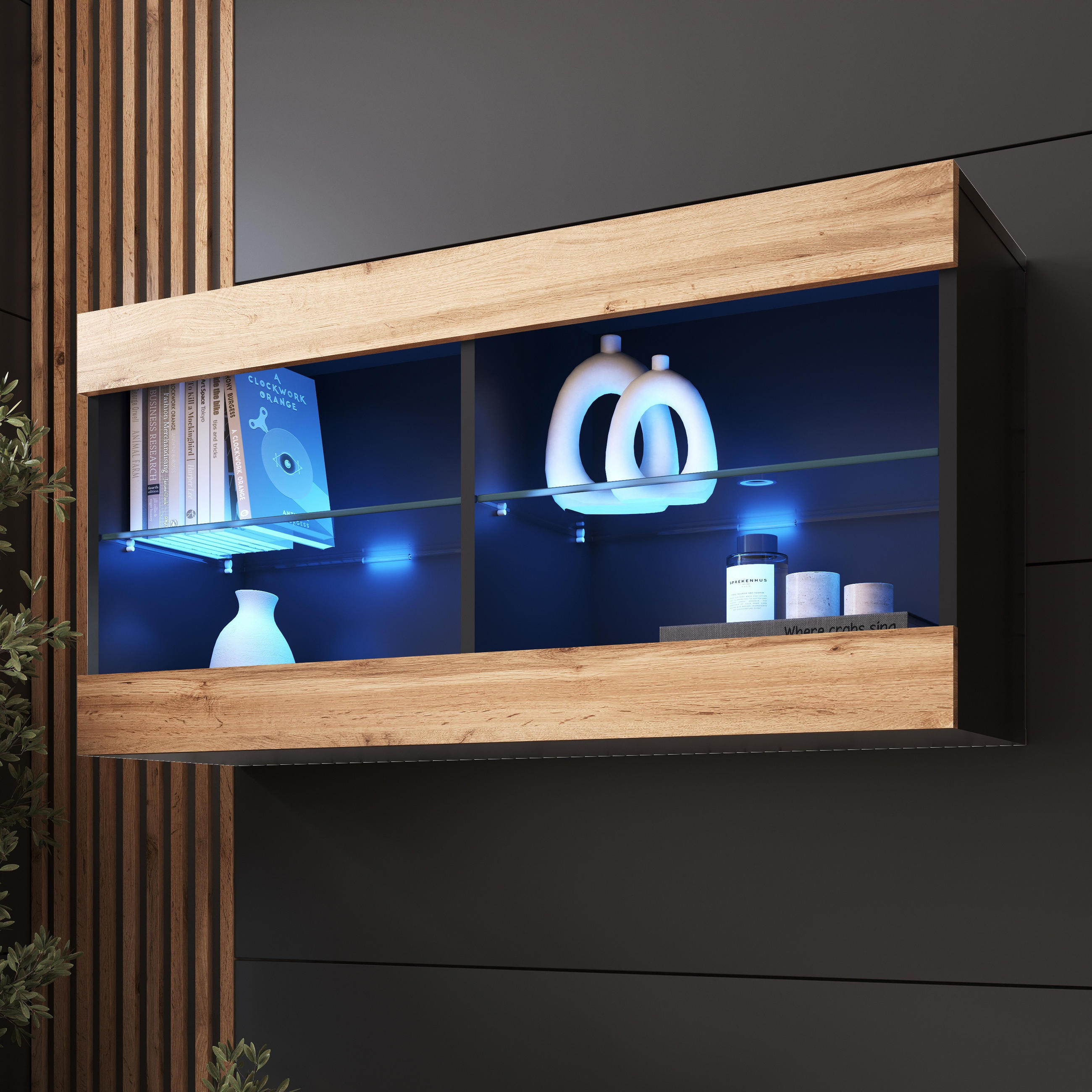 HÄNGEVITRINE TIVOLI HORIZONTAL 100, Wotan, LED Blau - Eiche Wotan/Schwarz, Glas/Holzwerkstoff (100/50/29.5cm) - Komodee