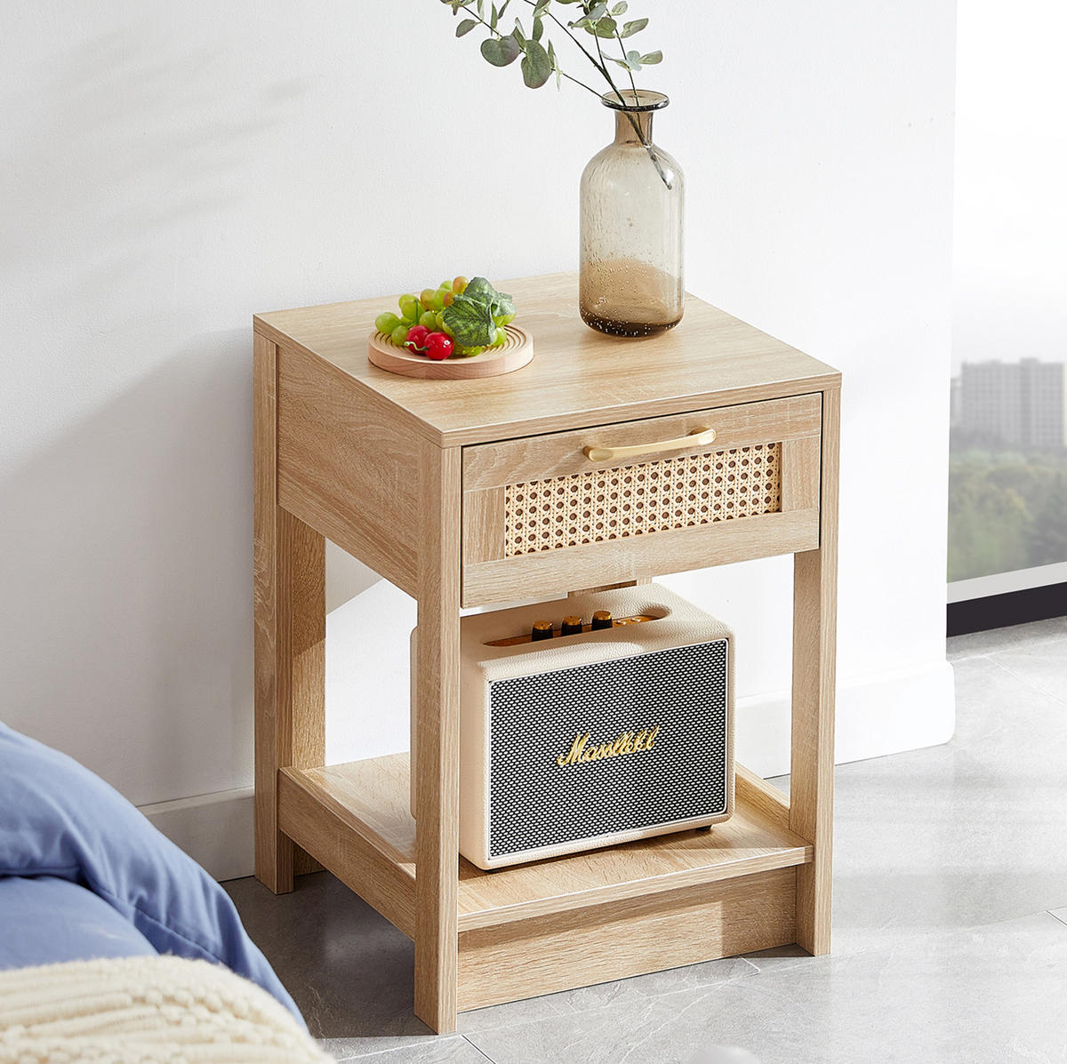 NACHTTISCH aus MDF 40x40x55 cm Natur mit Schublade und Rattan-Front - Naturfarben, Holzwerkstoff (40/55/40cm) - Modfu