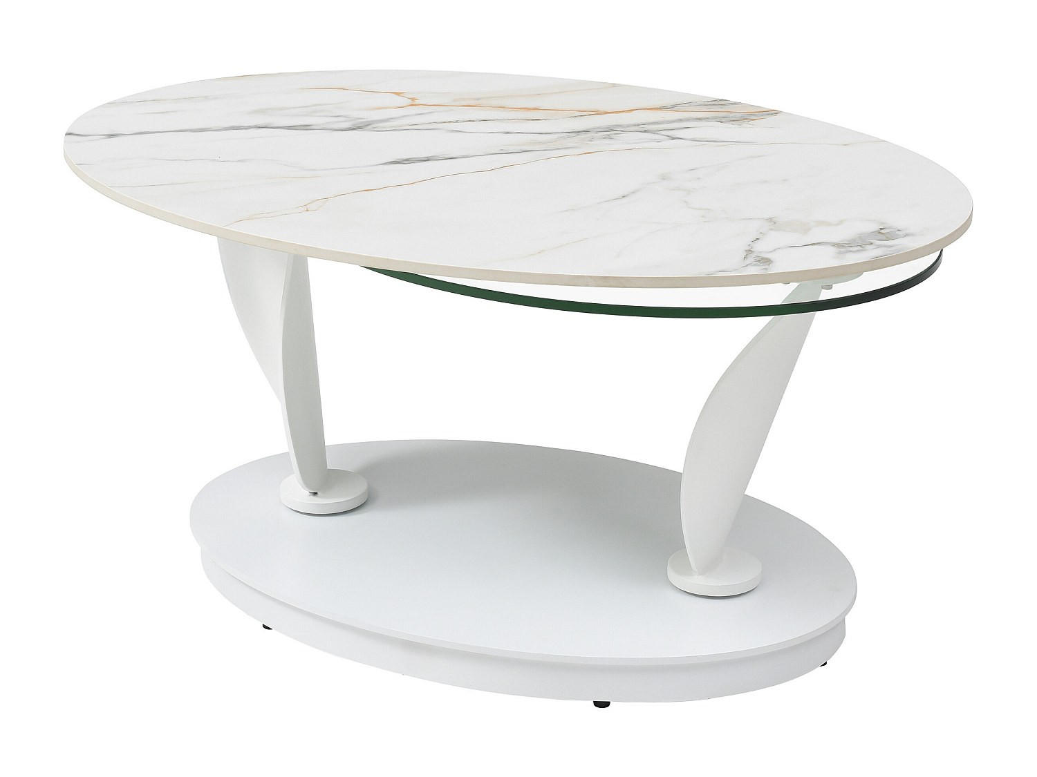 COUCHTISCH mit drehbaren Tischplatten - Keramik, Sicherheitsglas & Metall - Marmor-Optik Weiß - MANEYA - Weiß, Glas (150/60/43cm) - Vente-Unique