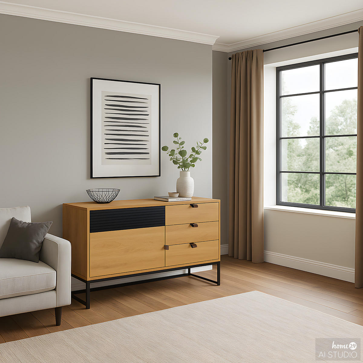 KOMMODE mit Tür - 120 cm - Eichefarben/Schwarz, Holzwerkstoff/Kunststoff (120/75/40cm) - home24