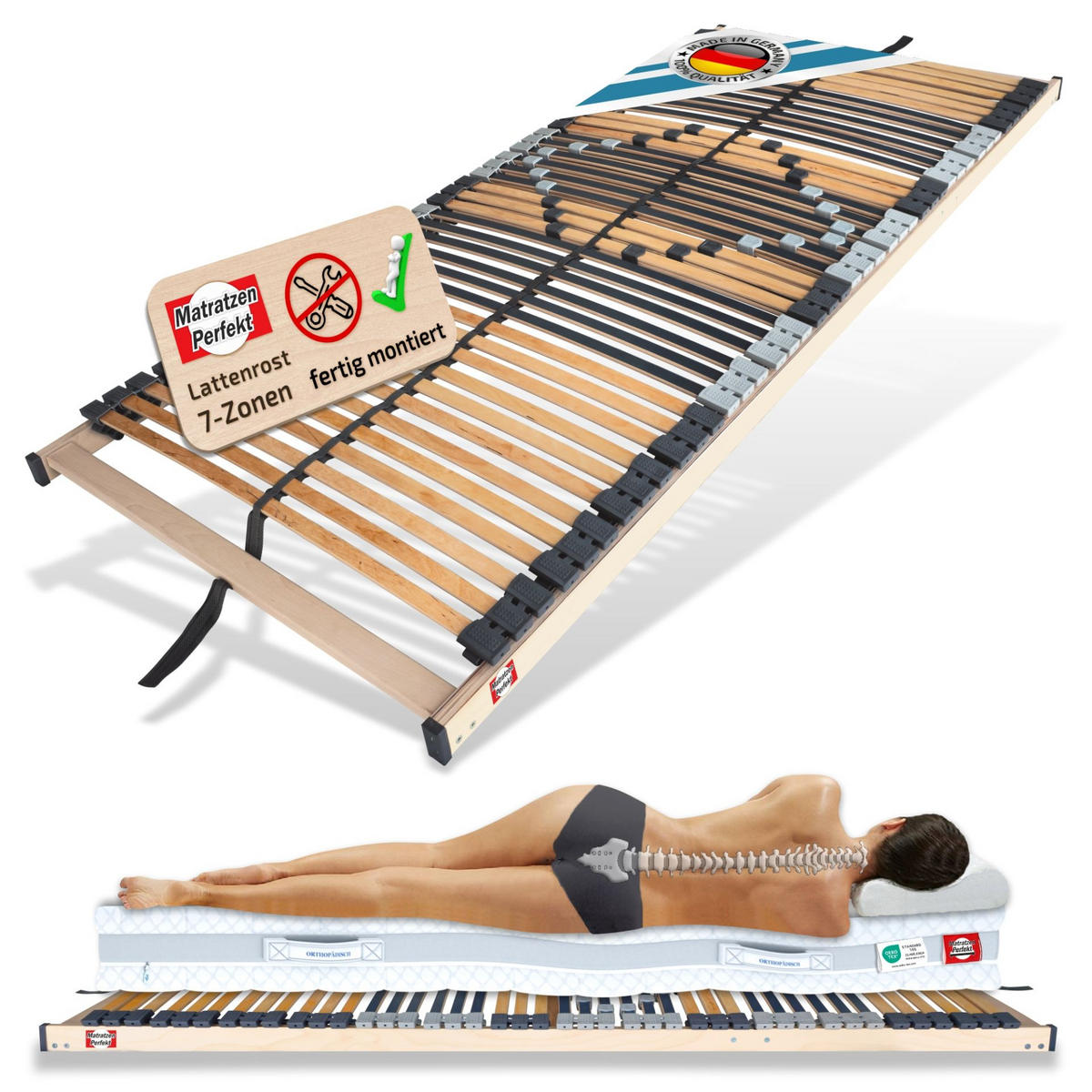LATTENROST Starr 42 Leisten 140x200cm 8,5 cm Hoch 7-Zonen bis 200 kg - Buchefarben/Naturfarben, Holz (140/200cm) - Matratzen Perfekt