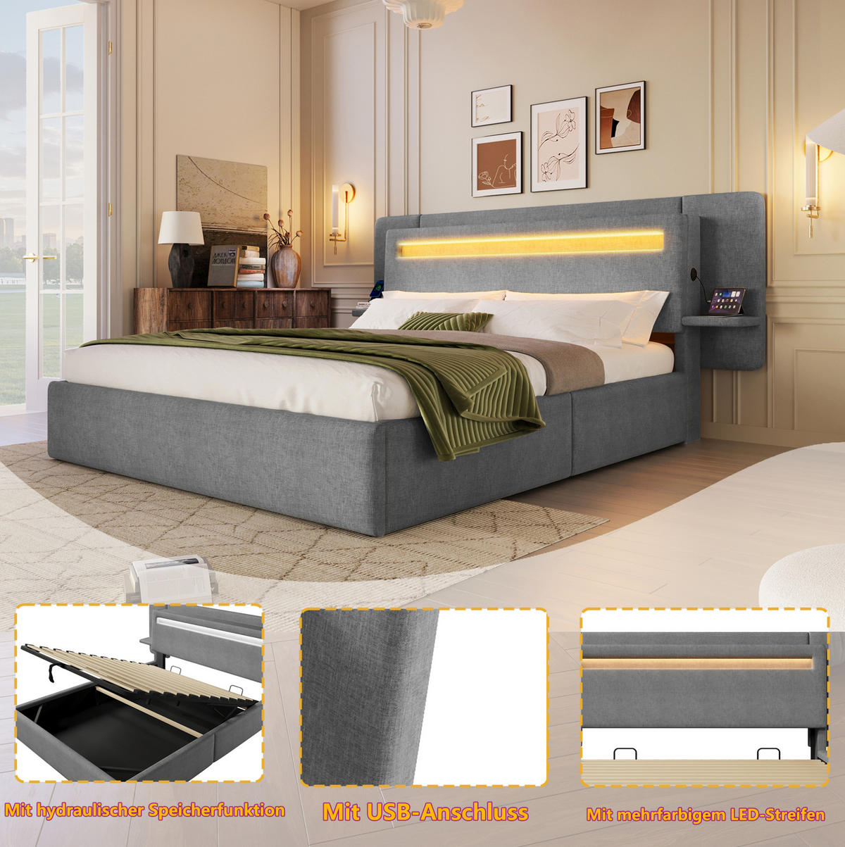 POLSTERBETT aus MDF und Leinen 140x200 cm Grau mit Bettkasten, LED-Beleuchtung, Nachttisch und USB-Anschluss - Grau, Textil (140/200cm) - Modfu