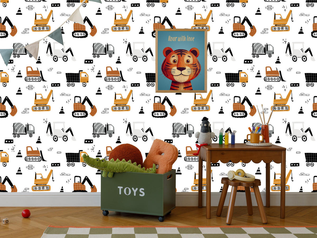 VLIESTAPETE Kräne, Bagger und Baumaschinen – Orange, Schwarz, Weiß – 50x1000 cm - Schwarz/Orange, Papier (50/1000cm) - Muralo