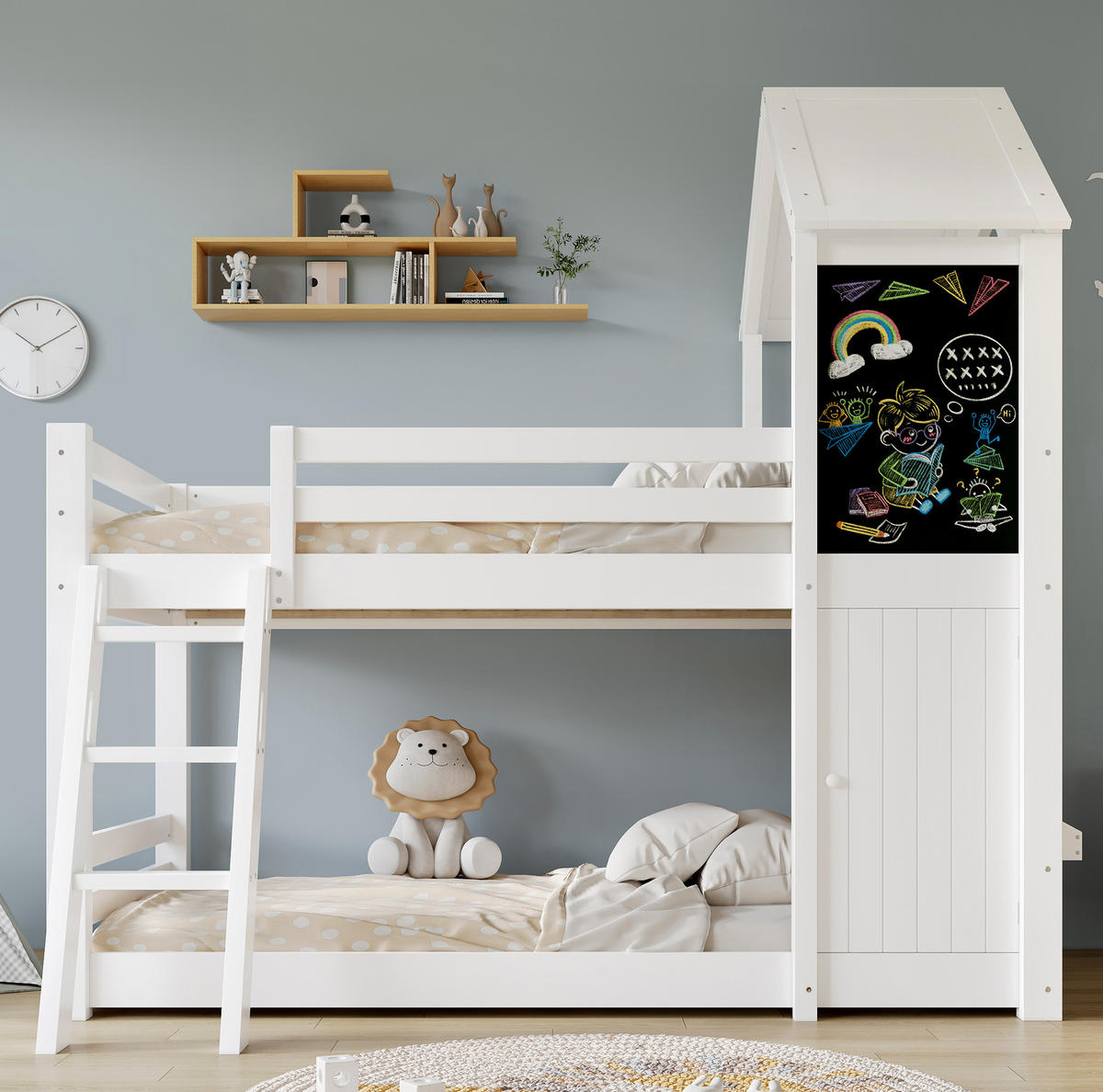 HAUSBETT 90/200 cm in Weiß mit Dach, Tafel und schräger Leiter - Weiß, Holzwerkstoff (90/200cm) - BEAOK