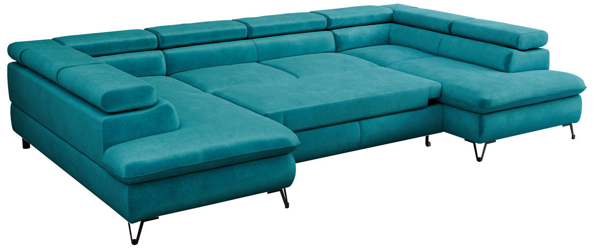 WOHNLANDSCHAFT PETER U Samt Dunkelblau - Schwarz/Dunkelblau, Textil/Metall (346/76/208cm) - MKS
