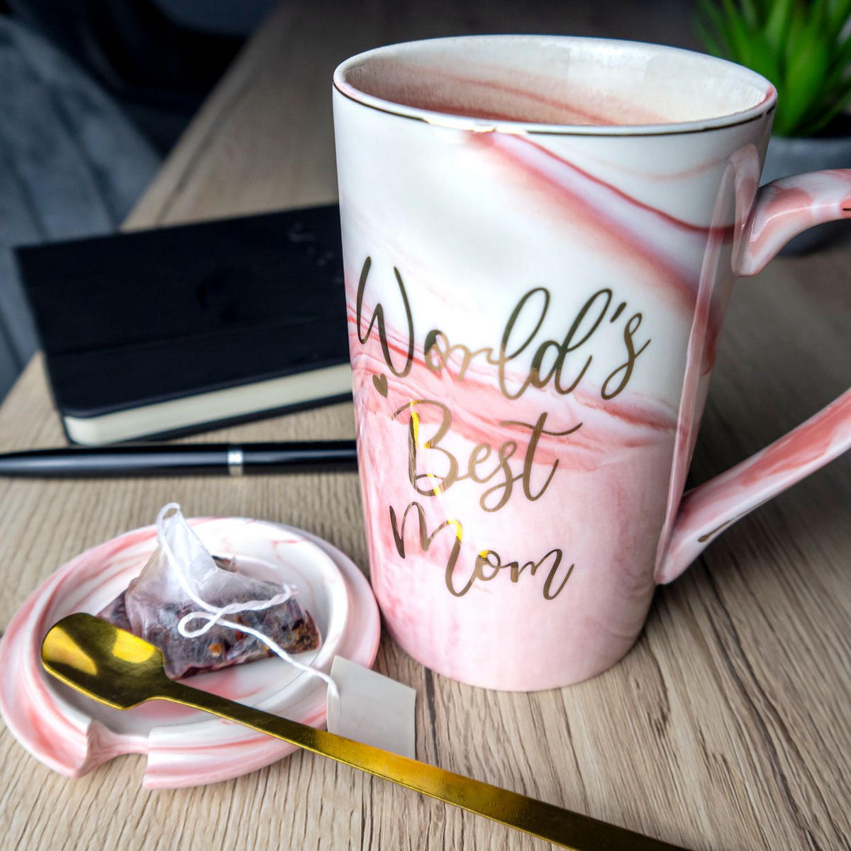 KAFFETASSE mit Deckel Muttertags Geschenk 280 ml - Rosa, Keramik (0.28L) - Intirilife