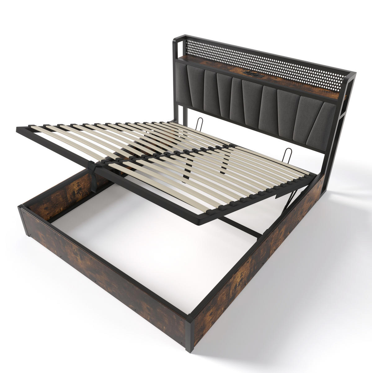 BETT mit LED-Kopfteil und Stauraum 180x200 cm Grau mit USB & Steckdosen - Grau, Metall (180/200cm) - Meubliv