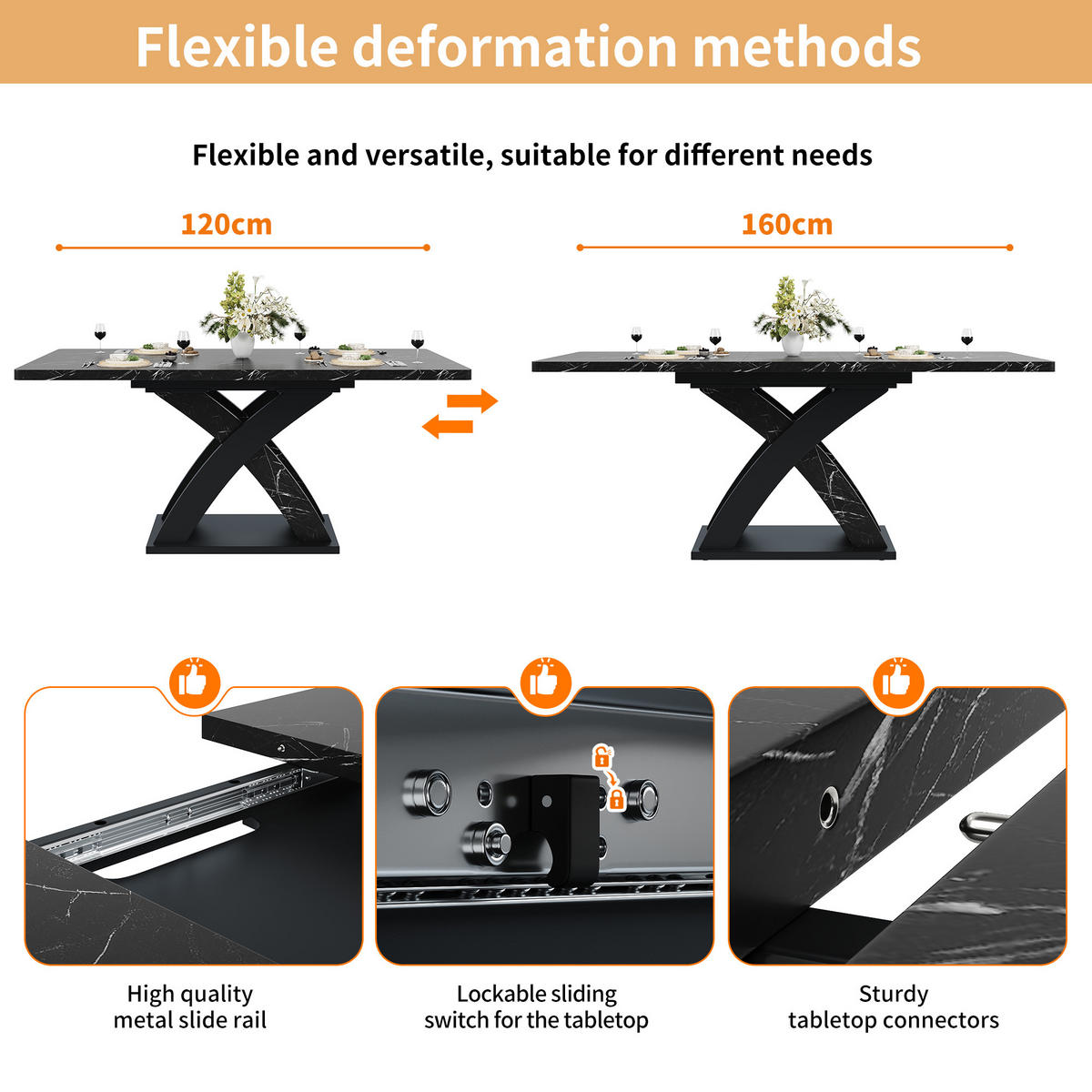 TISCHGRUPPE 5-teilig Ausziehtisch in Marmoroptik & 4 Polsterstühle im Vintage-Look - Schwarz, Holzwerkstoff/Textil (160/75/80cm) - Urban Meuble