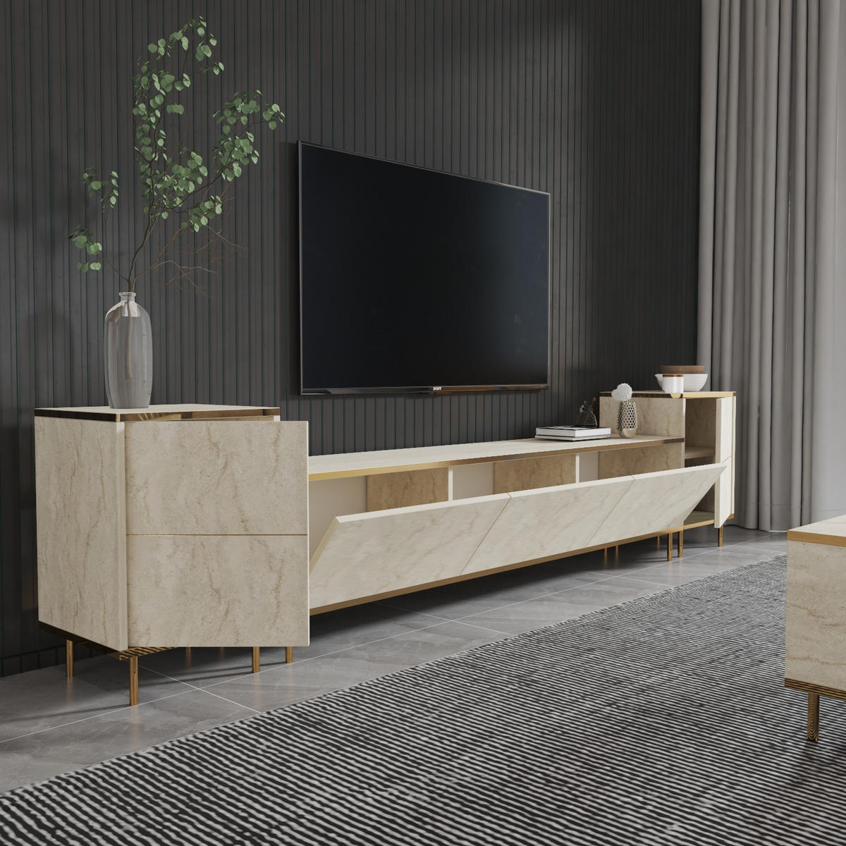 TV-MÖBEL Imaj Travertin-Gold - Beige/Goldfarben, Holz (260/60/35cm) - Habitat Garten