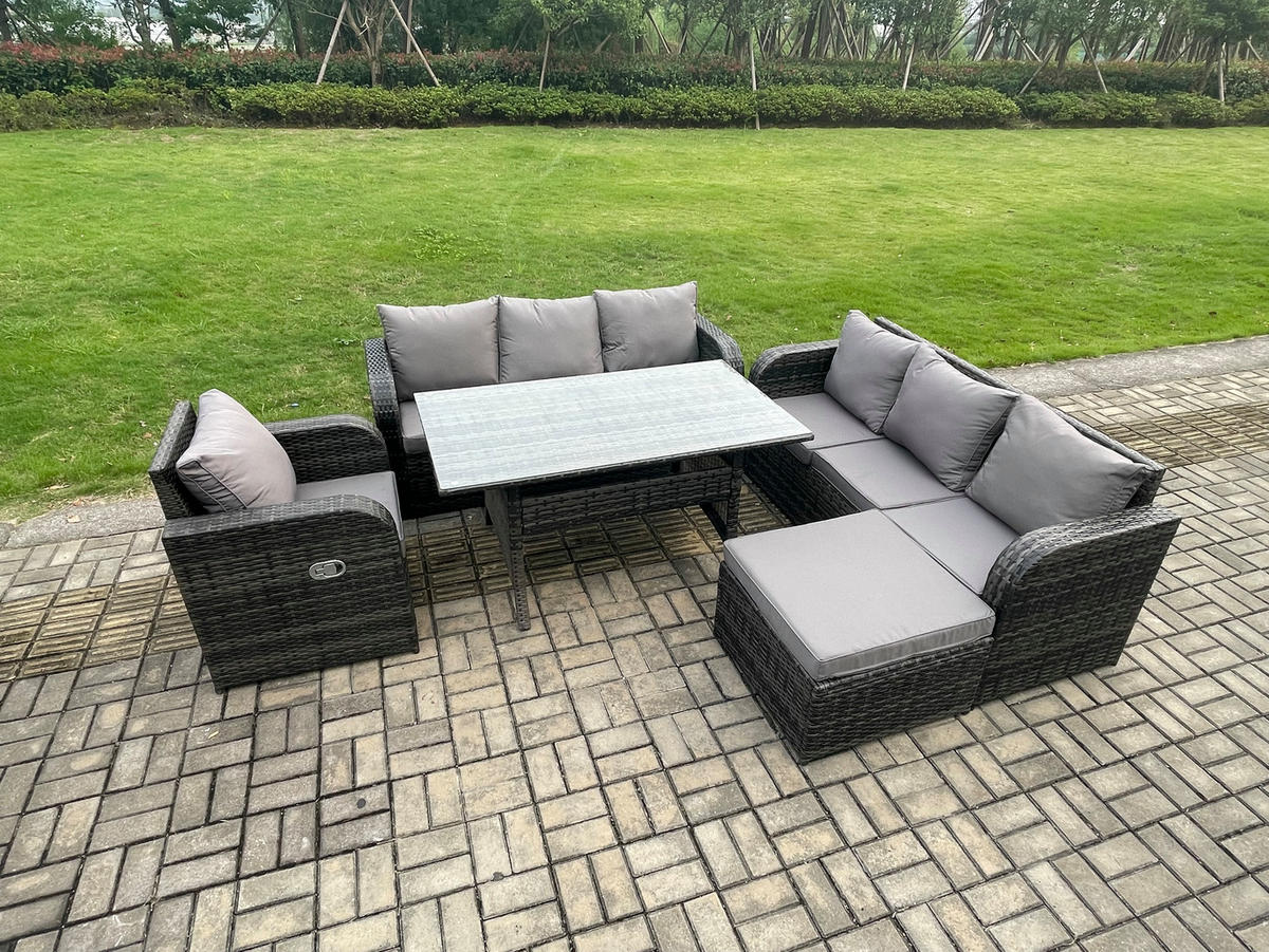 GARTENTISCHGRUPPE mit Große Fußhocker Polyrattan Dunkelgrau 8-Sitzer - Dunkelgrau/Grau, Glas/Kunststoff - Fimous