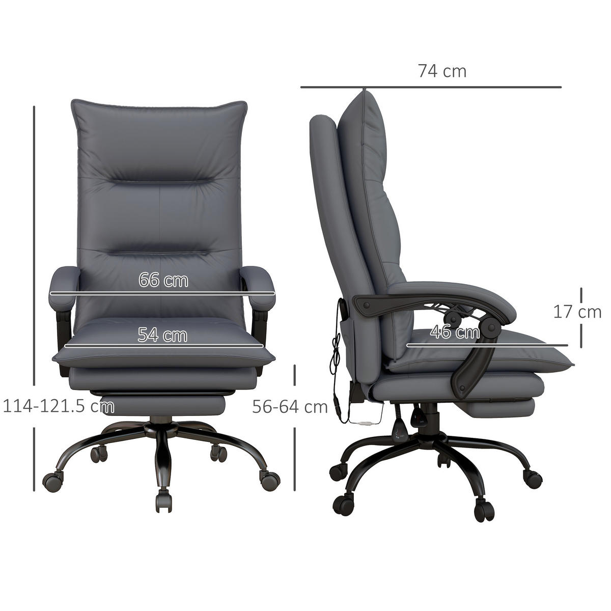 MASÁŽNÍ KANCELÁŘSKÁ ŽIDLE, polyester, pěnová hmota, MDF, ocel, tmavě šedá - tmavě šedá, plast (74/121.5/66cm) - Vinsetto