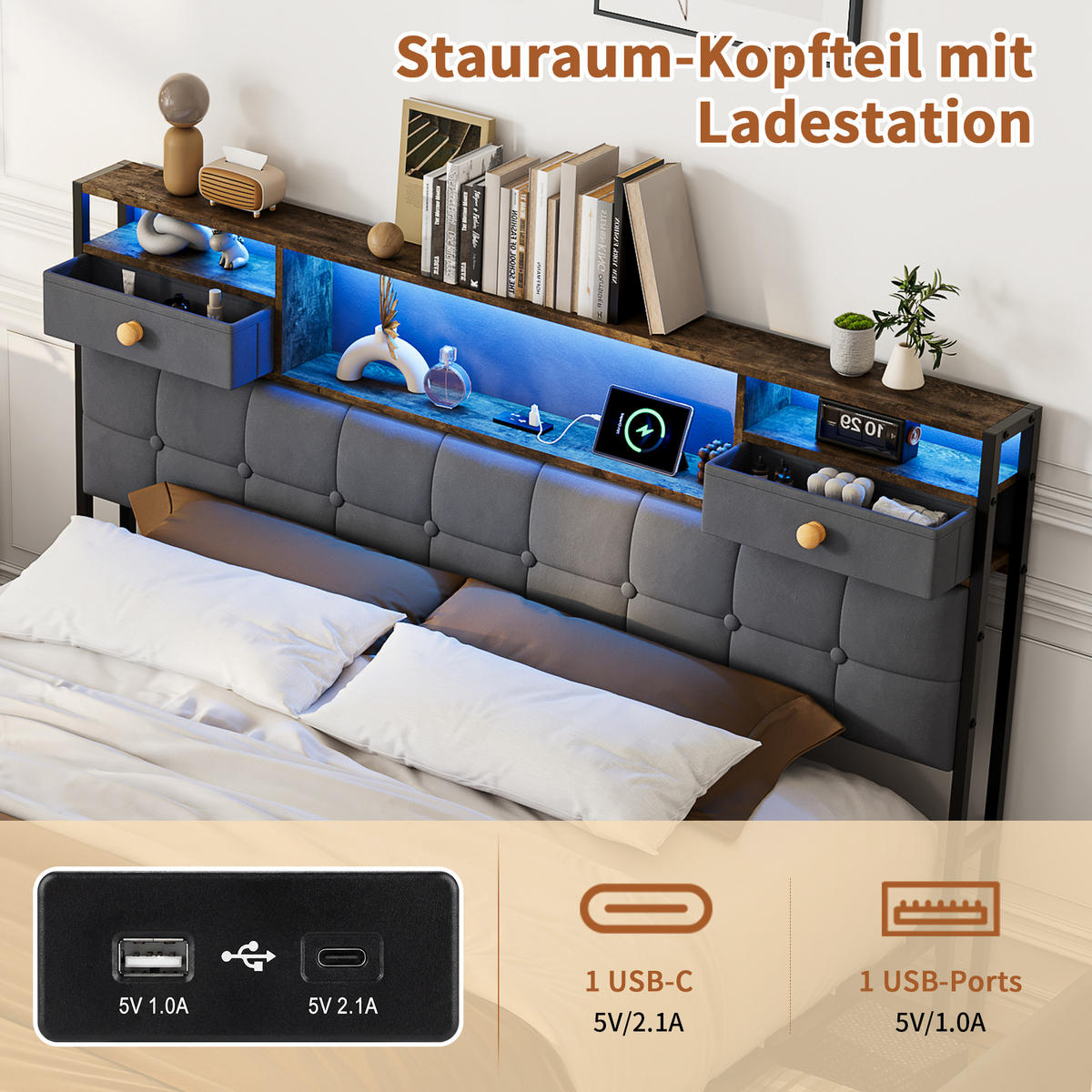 BETT 160x200 mit 2 Schubladen am Kopfteil, Hydraulik-Stauraum, LED und USB, Samt in Grau - Grau, Holz (160/200cm) - BRILVERDE