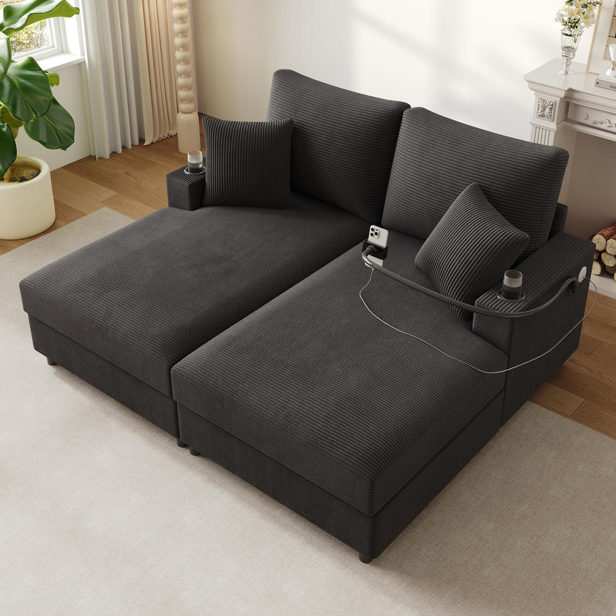 SCHLAFSOFA 2-Sitzer mit Handyhalter, USB und Getränkehalter, Grau - Grau, Textil (163/82/140cm)