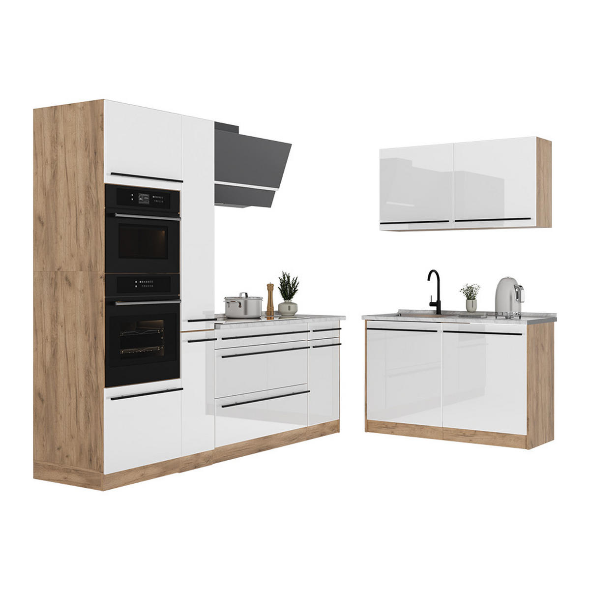 ROHOVÁ KUCHYŇA R-Line, Biely vysoký lesk/Dub Goldkraft, 230 x 120 cm Marmori työtaso - biela s vysokým leskom/farba duba, kompozitné drevo (230/206.8/60cm) - Vicco