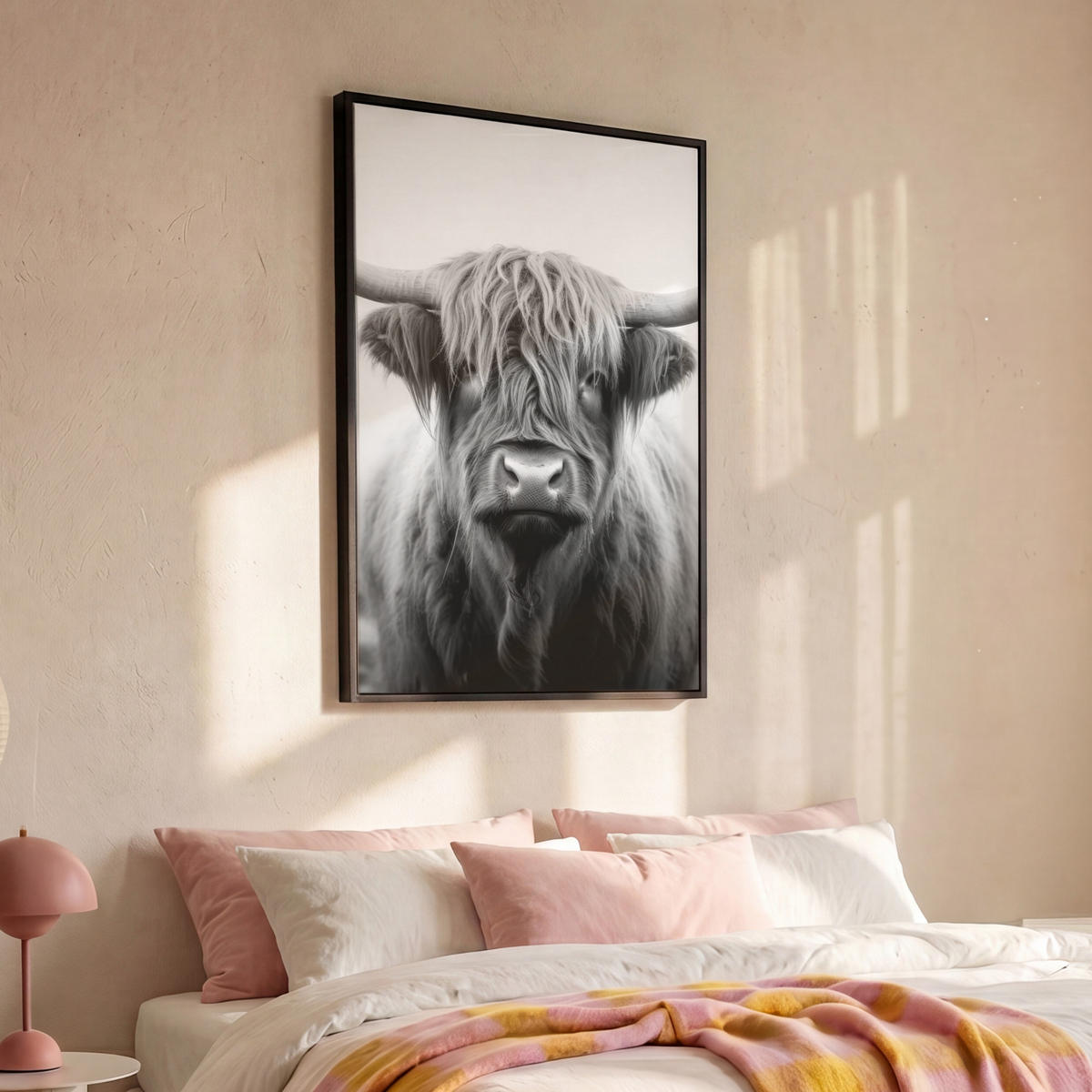 LEINWAND Bilder mit Rahmen - Schottischer Highlander - Nebel - Schwarz - Weiß - 80x120 - Grau, Textil (80/120cm) - MuchoWow